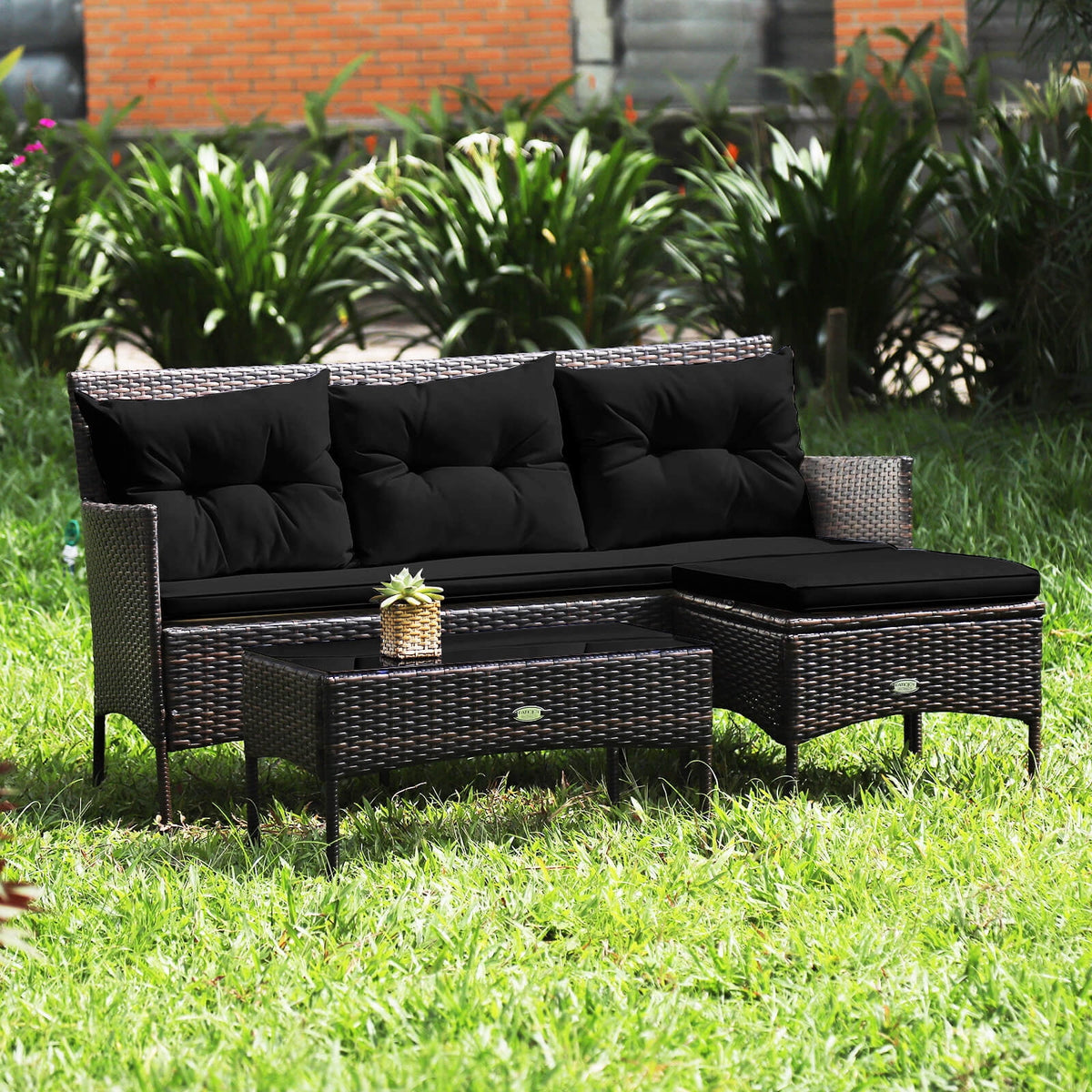 Costway 3 PCS Patio Rattan Furniture Set 3-Seat Sofa Cushioned Table Garden Black