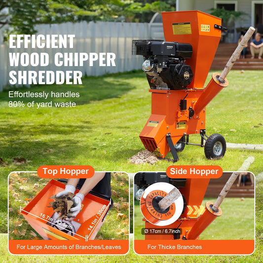 KFFKFF Gas-Powered Wood Chipper Shredder, 12 HP, 420cc Engine, Capable of 6.7” Diameter Chipping, Efficient for Forestry, Garden Clean-up, and Landscaping Tasks, Complies with CE/EMC/EPA Standards