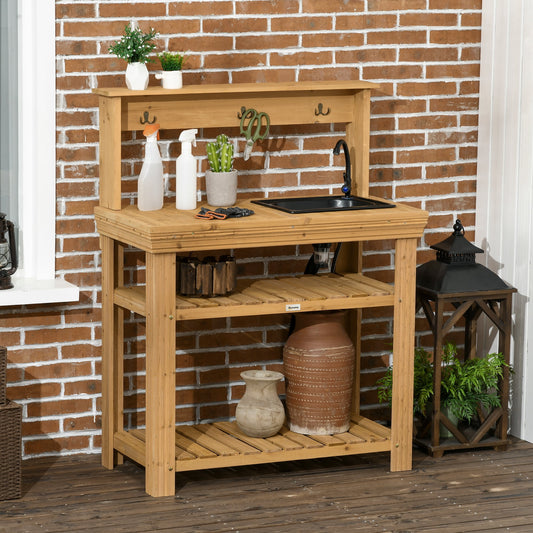 Outsunny Potting Benches for Outside, Solid Wood, Gardening Bench, Removable Sink, Metal Faucet, Ample Storage