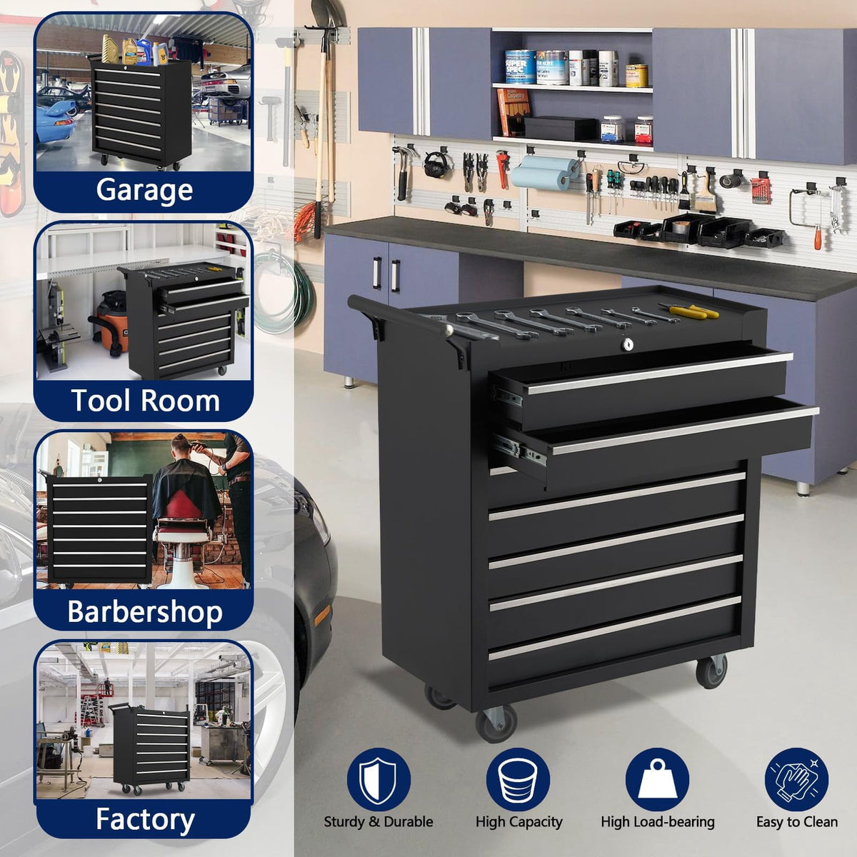 Kojooin Rolling Tool Chest, 4-Drawers Metal Tool Box Organizer w/Auto Locking System & Lockable Wheels, Sliding Drawers, Detachable Top, Tool Storage Cabinet for Garage Workshop, Black