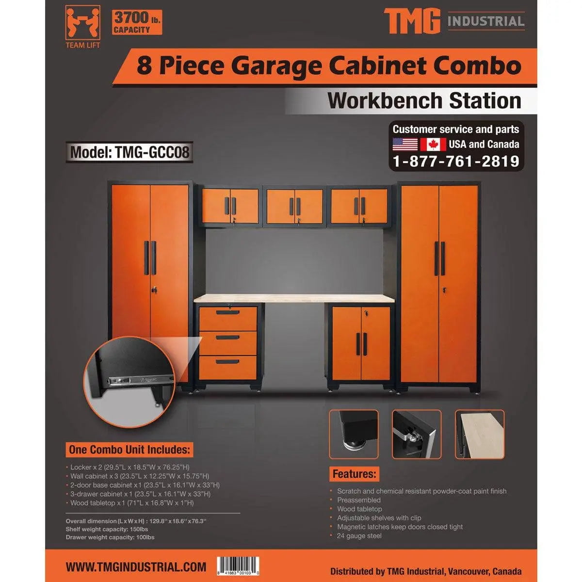 TMG Industrial 8-Piece Garage Storage Cabinet Combo Set, Fully-Welded, Pre-Sealed Wooden Tabletop, Workbench Station, Lockers, Adjustable Levelling, Matte Black Powder Coated Finish