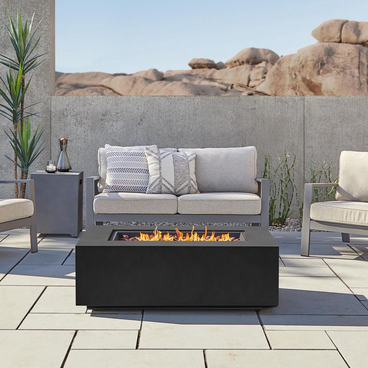 Real Flame Aegean 50" Rectangle Steel Propane or Natural Gas Fire Pit Table in Black