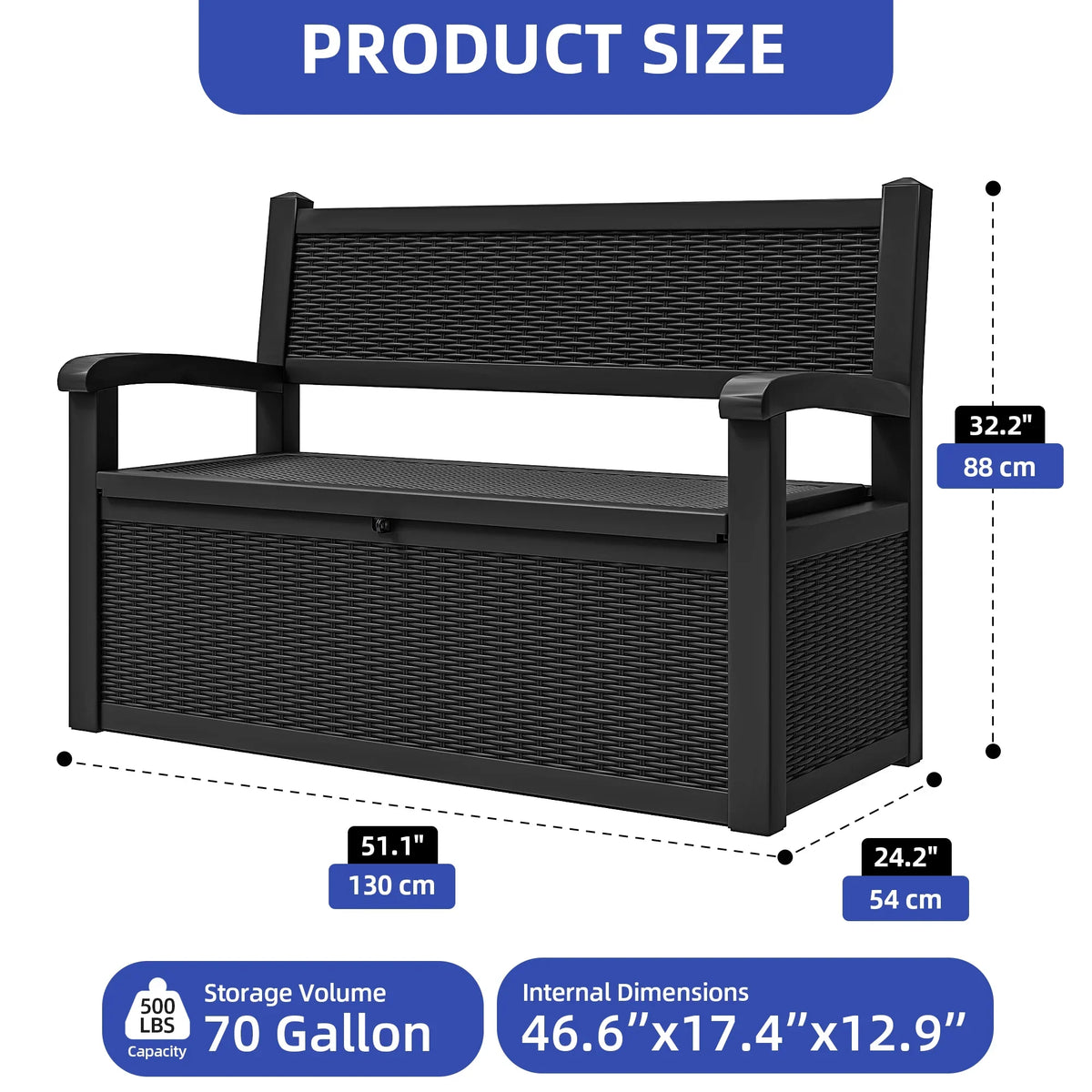 2026 NewModFusion 70-Gallon Outdoor Resin Storage Cabinet with Rattan Backrest �C Waterproof Patio Bench Seat, 500 lbs Capacity, Black