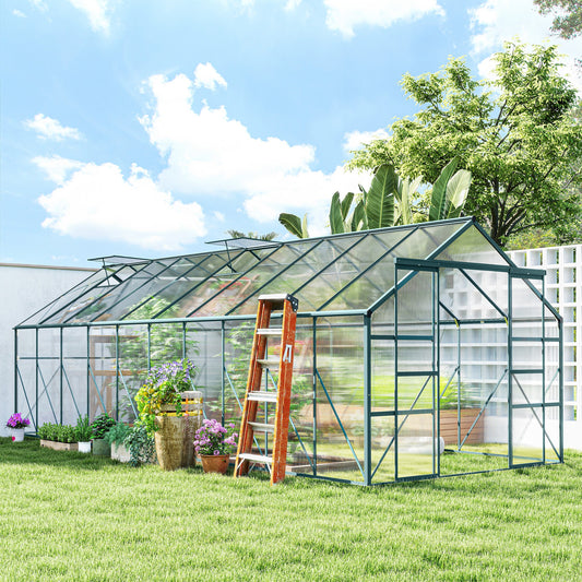 Outsunny Greenhouse Polycarbonate Greenhouse with Rain Gutter, Green