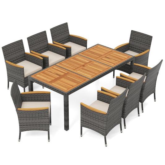Costway 9PCS Patio Rattan Dining Set Mix Gray Acacia Wood Table Cushioned Chair