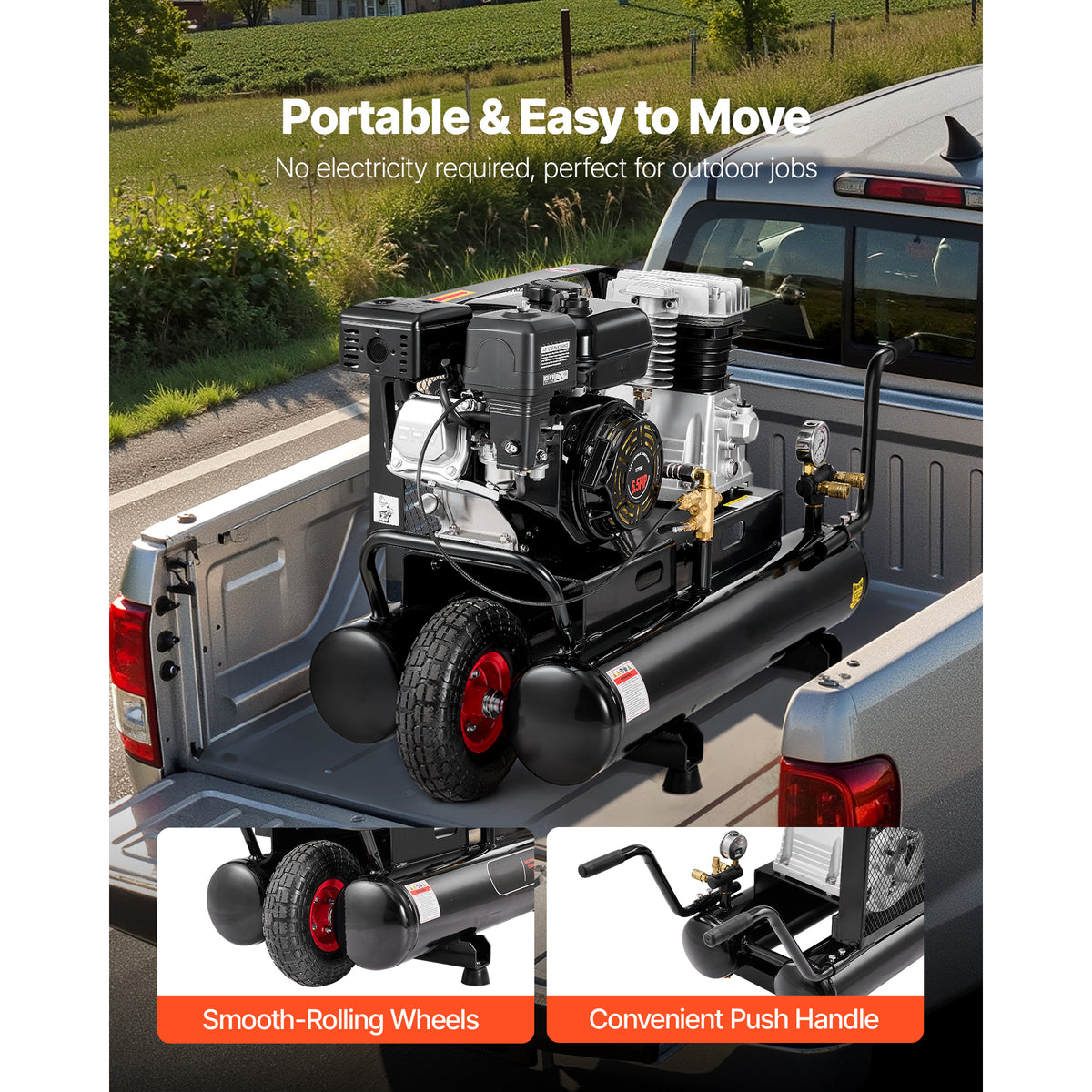 KFFKFF 9 Gallon Twin-Tank Gas Powered Air Compressor, 6.5HP 9CFM Gas Driven Air Compressor Tank on Wheel, Max 115PSI Piston Pump Air-Compressed System
