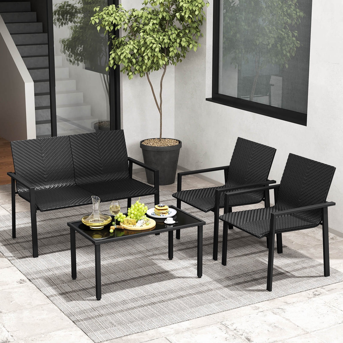 Costway 4 PCS Outdoor Wicker Patio Furniture Set w/ Heavy-Duty Galvanized Metal Frame Black