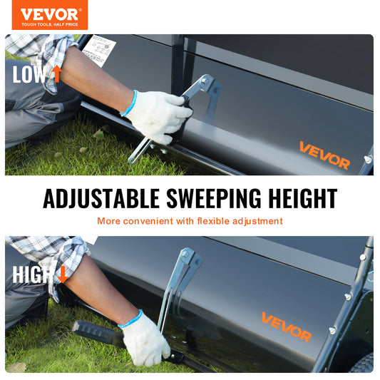 VEVOR Tow Behind Lawn Sweeper, 44 in Pull Behind Lawn Sweeper, 25 cu. ft Large Capacity Leaf & Grass Collector, Heavy Duty Garden Sweeper with Adjustable Sweeping Height for Yard, Lawn, Farm