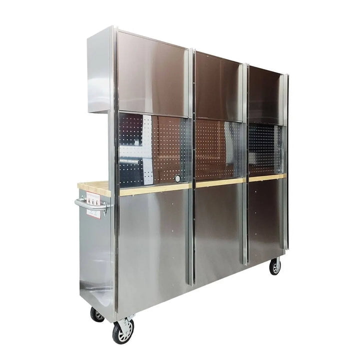 TMG Industrial Stainless Steel Rolling Workbench Cabinet Combo, 72", 15 Lockable Drawers, Wall-Mounted Cabinets, Pegboard, Adjustable Shelving, TMG-WBC72S