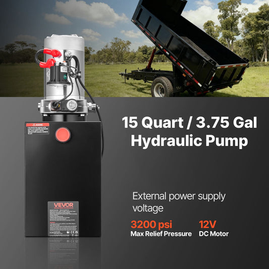 VEVOR 15 Quart Hydraulic Power Unit, Single Acting Dump Trailer Pump, 3200 PSI Max Relief Pressure & 0.91 GPM Flow Rate, DC 12V Hydraulic Pump with Metal Reservoir for Dump Trailer Car Lifting