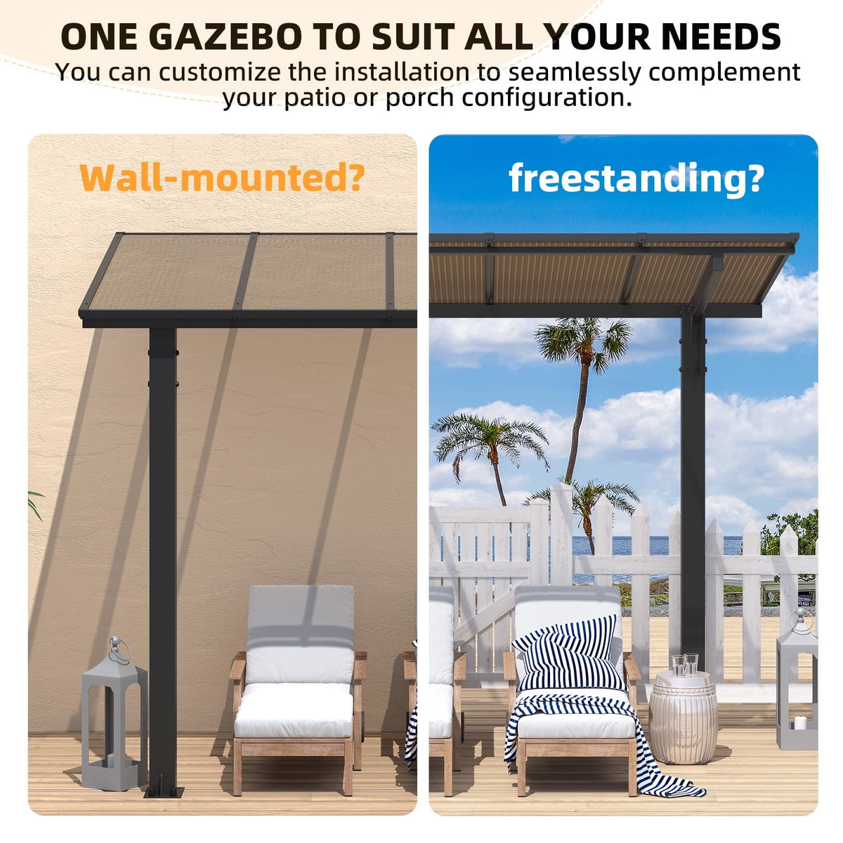 AECOJOY 14'x10' Gazebo, Outdoor Wall Mounted Hardtop Gazebo & Pergola with Aluminum Frame for Patio, Porch and Backyard in Black