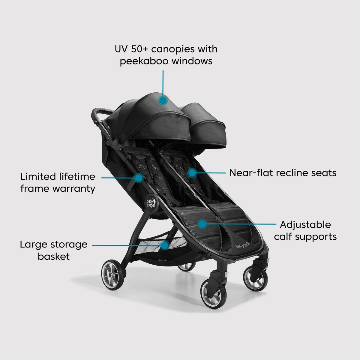 2026 NewBaby Jogger City Tour 2 Double Stroller. Pitch Black