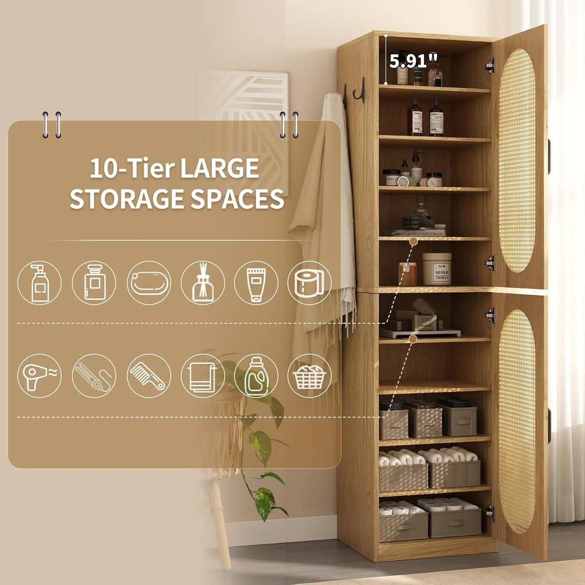2026 New66-Inch Bathroom Storage Cabinet with Rattan Doors, Bath Room Organizer Floor Cabinets Brown