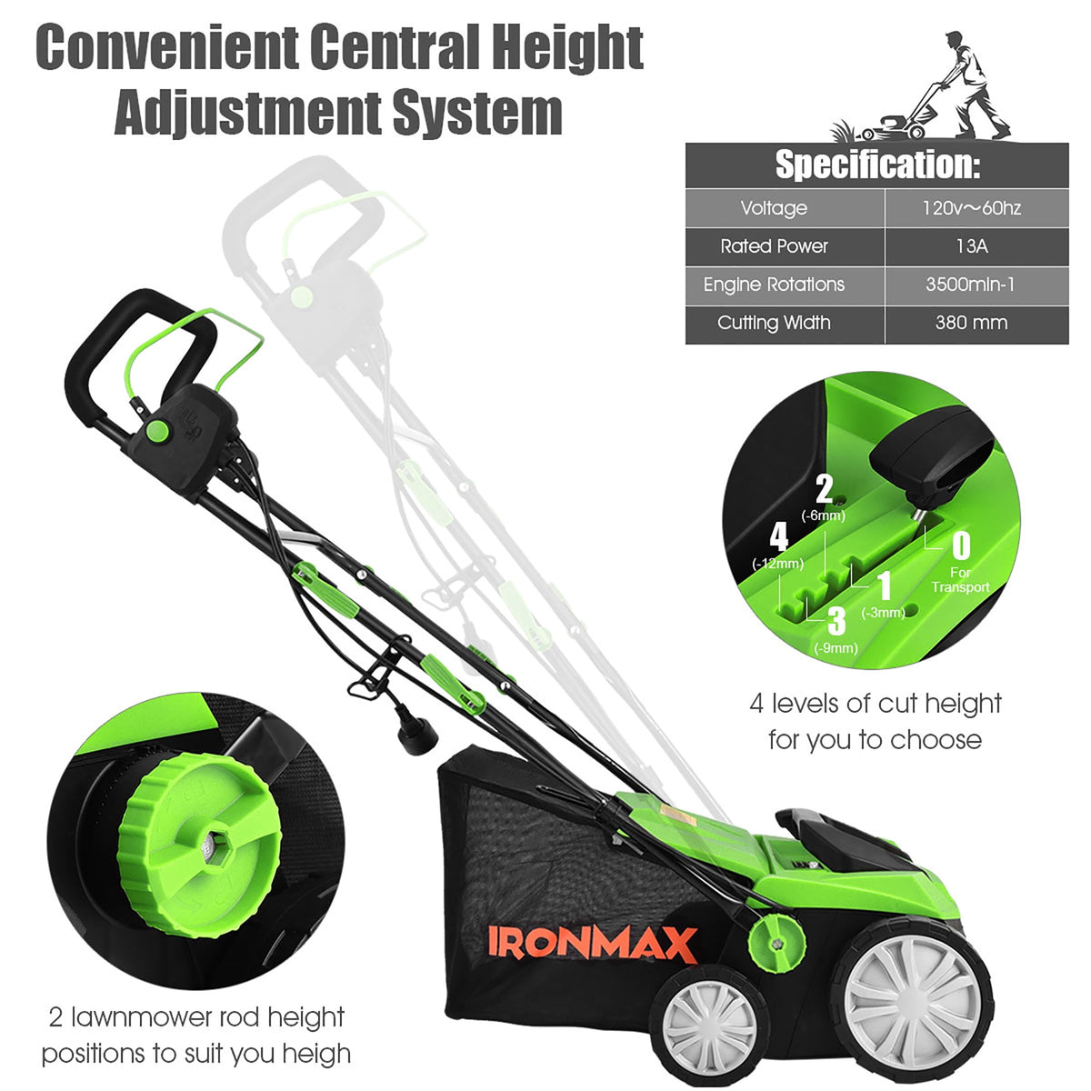 IronMax 13Amp Corded Scarifier 15" Electric Lawn Dethatcher w/50L Collection Bag Green