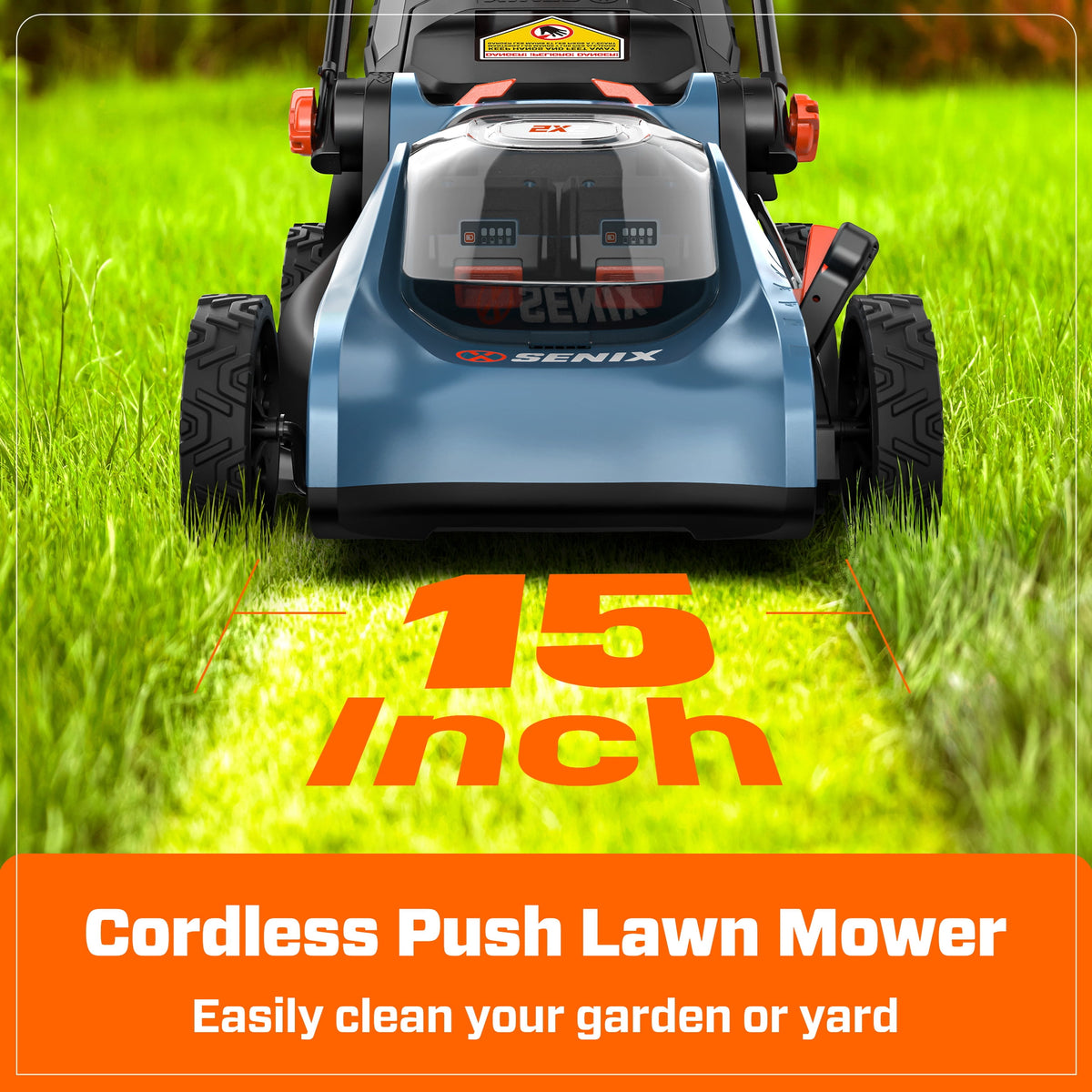 SENIX LPPX2-M4 15" 40V Battery Powered Push Walk-Behind Lawn Mower, Mulching and Bagging, 6-Position Height Adjustment, Brushless Motor, Cordless