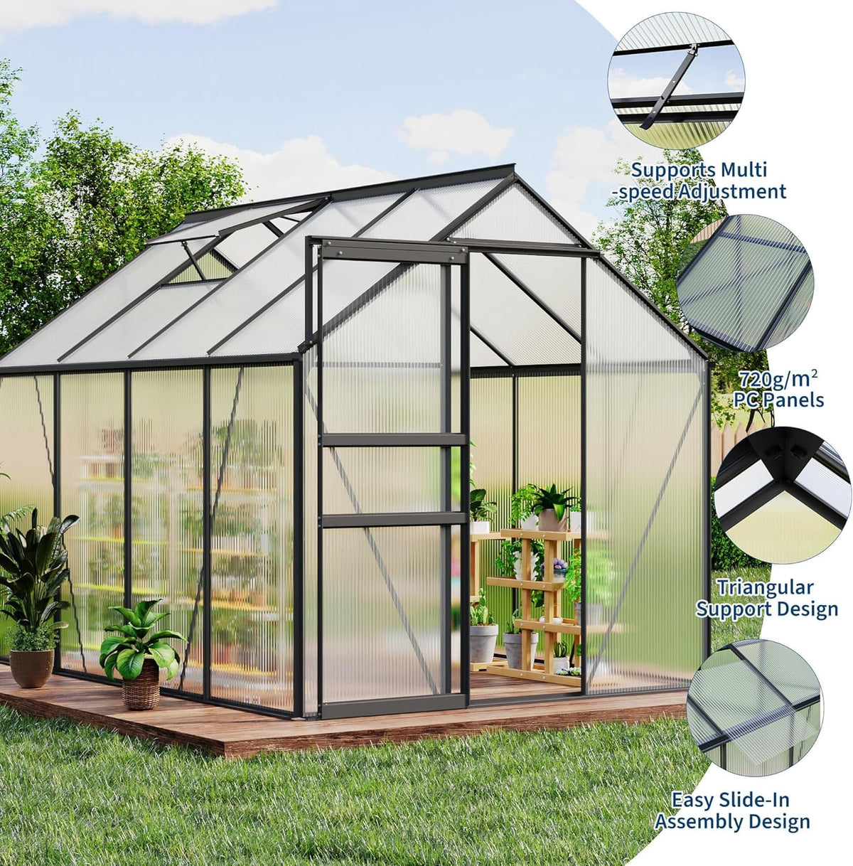 OUYAWEI 6x8FT Outdoor Greenhouse Polycarbonate Aluminum Frame Sliding Door Adjustable Roof Vent Black