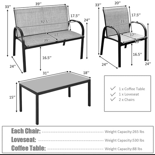 Costway 4 PCS Patio Furniture Set Sofa Coffee Table Steel Frame Garden Deck Gray