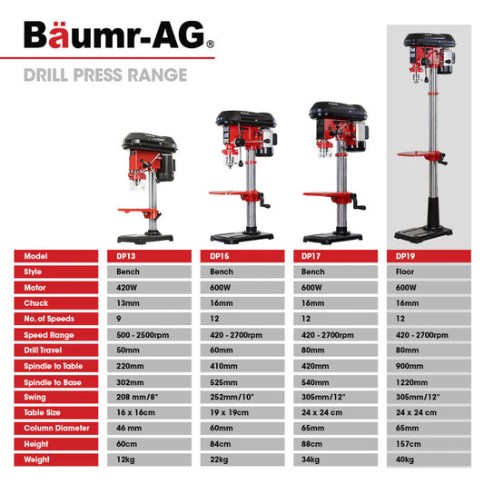 Baumr-AG 600W 12" Pedestal Floor Drill Press, 16 Speeds, 16mm Chuck (DP19)