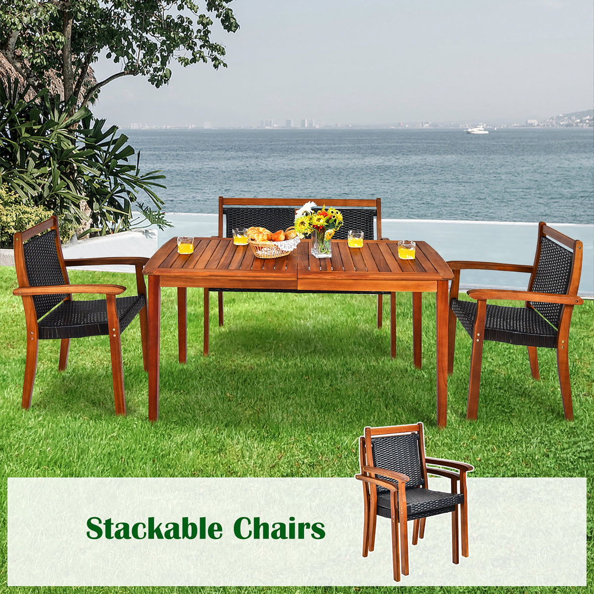Costway 4PCS Patio Rattan Dining Furniture Set Acacia Wood Frame Chair Loveseat