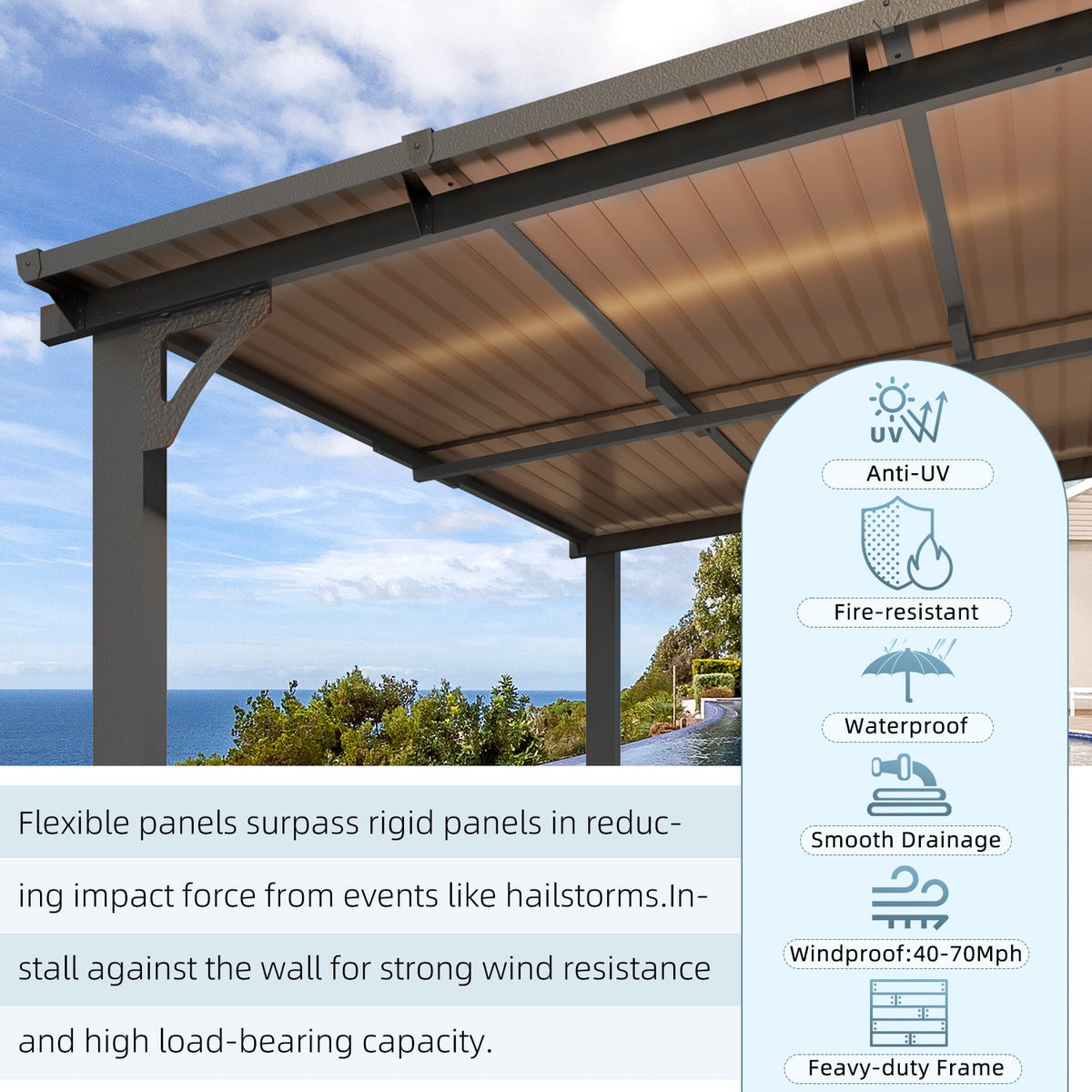 AECOJOY 20 x 12 Ft Wall-Mounted Hardtop Gazebo, Polycarbonate Roof & Metal Frame, Dark Grey