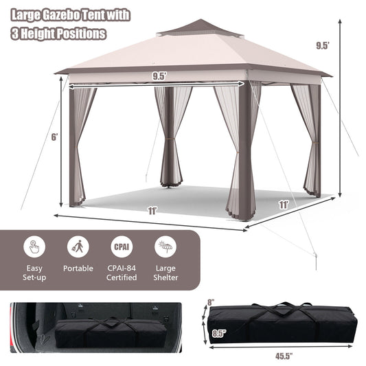 Gymax 11 x 11 ft Pop up Gazebo 2-Tier Patio Canopy Tent Shelter w/ Carrying Bag Beige