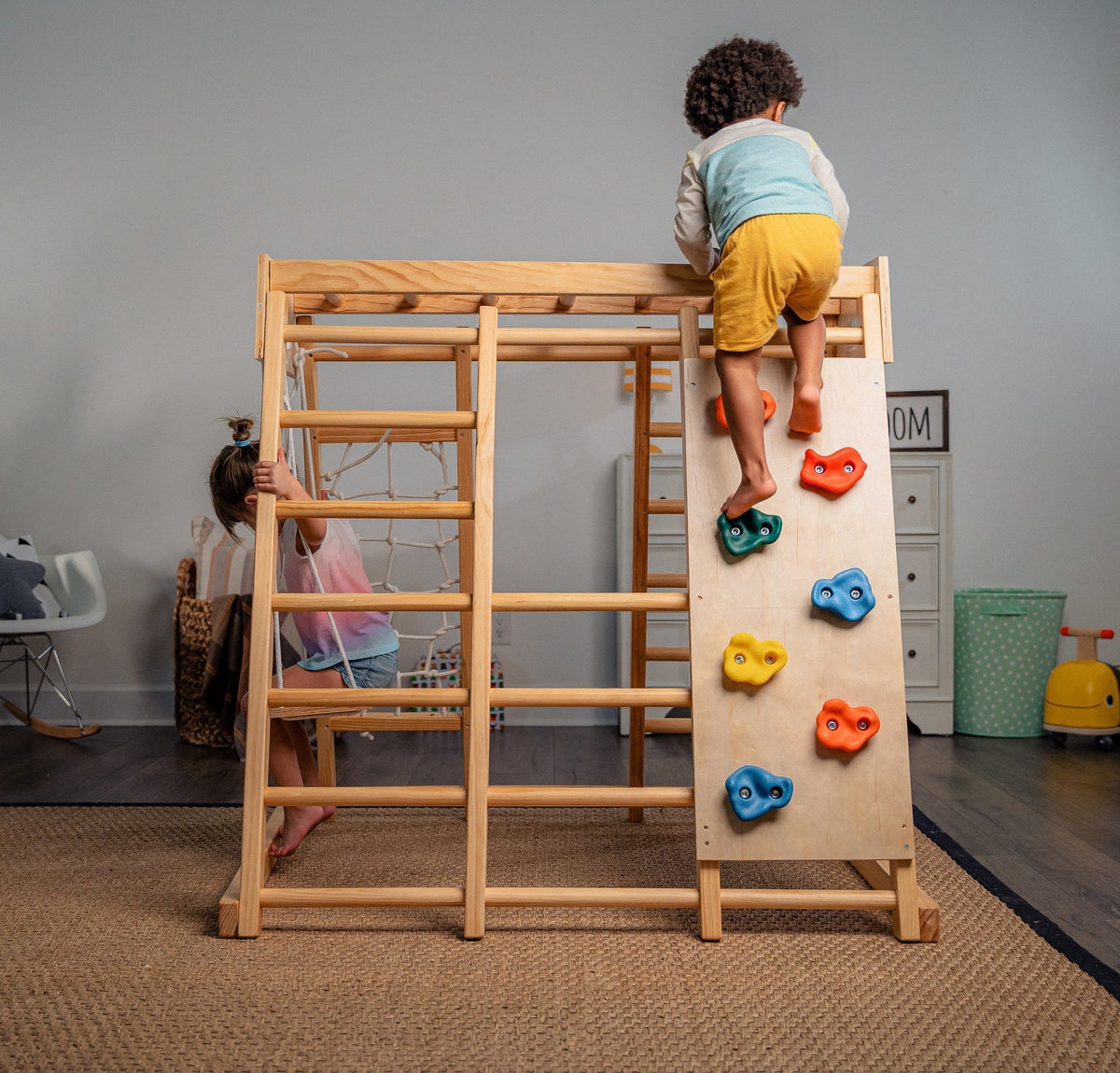 2026 NewAvenlur Indoor Toddler and Child Indoor Gym Playground Climber - Real Wooden Playset 6-in-1 Slide, Rock Climb Wall, Rope Wall Climbing, Monkey Bars, Swing, Ladder Fun Gym for Children
