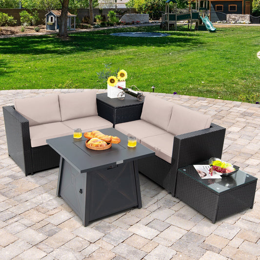 Patiojoy 5-Piece Outdoor Patio Furniture Set with 50,000 BTU Propane Fire Pit Table Patio PE Wicker Conversation Set with Cushions Storage Box and Tempered Glass Coffee Table Beige