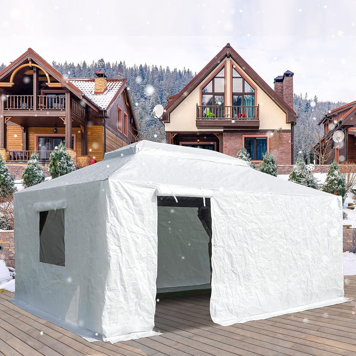 Domi 12 x 20ft Gazebo Winter Cover, Double Roof Universal Enclosure with Sidewalls & Mesh Windows, Waterproof for Hardtop Gazebos, White
