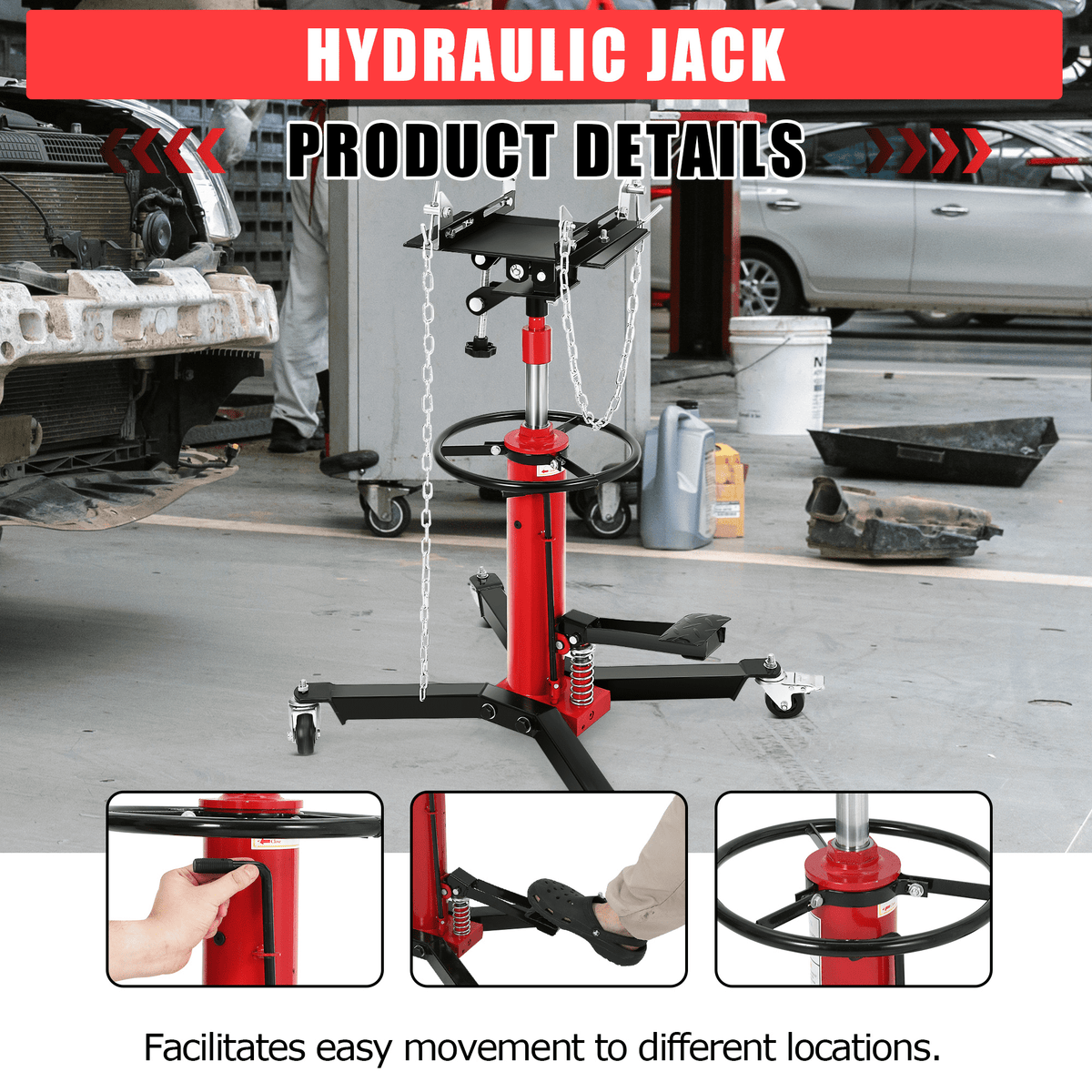 1100 lb Hydraulic Transmission Jack with 360° Wheels, Telescoping Lift 34"-68" for Garage, Heavy-Duty Transmission Stand