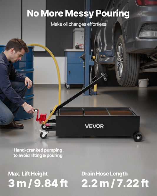 VEVOR Low Profile Oil Drain Pan, 25 Gallon Capacity, Rolling Oil Drain Pan with Manual Pump, 7.2 ft Hose & T Folding Handle, Leak-proof & Corrosion-resistant