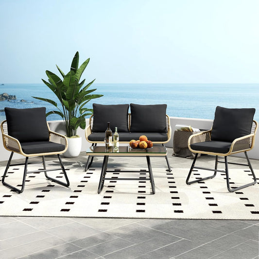 BeesClover 4 Piece Outdoor Bistro Set, Wicker Patio Furniture Set with Cushions, Tempered Glass Coffee Table, 2 Chairs and Loveseat for Garden, Backyard, Porch, Deck