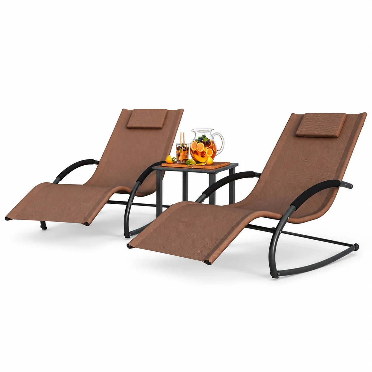 Patio Furniture 3Pcs Outdoor Rocking Chair Set, Including Patio Lawn Rockers with Coffee Table and Headrests, Suitable for Yard, Patio, Deck, and Backyard