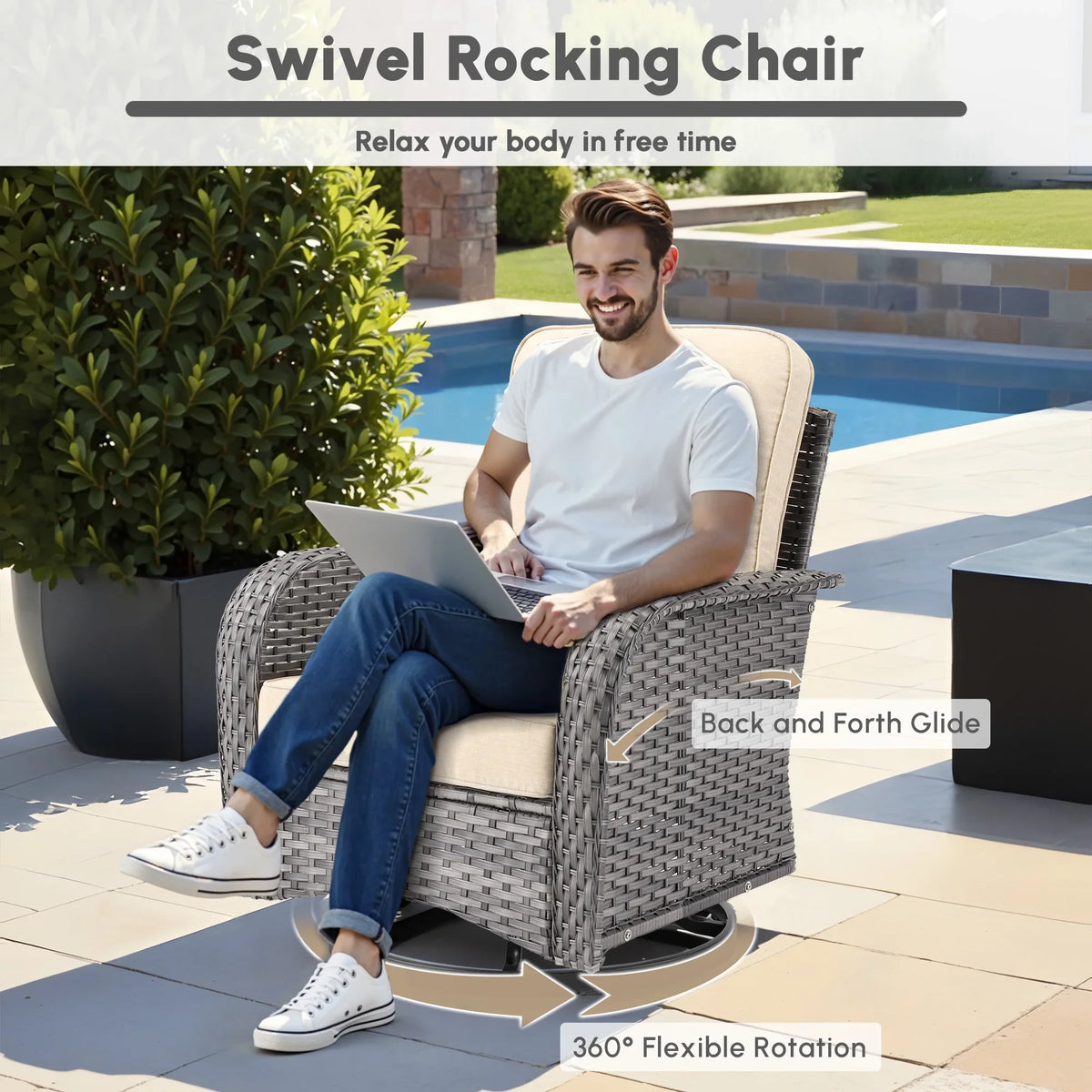 2026 NewOvios 5 Pieces Outdoor Patio Furniture Set High Back All Weather Wicker Conversation Set with Swivel Chairs & Coffee Table, Dark Gray
