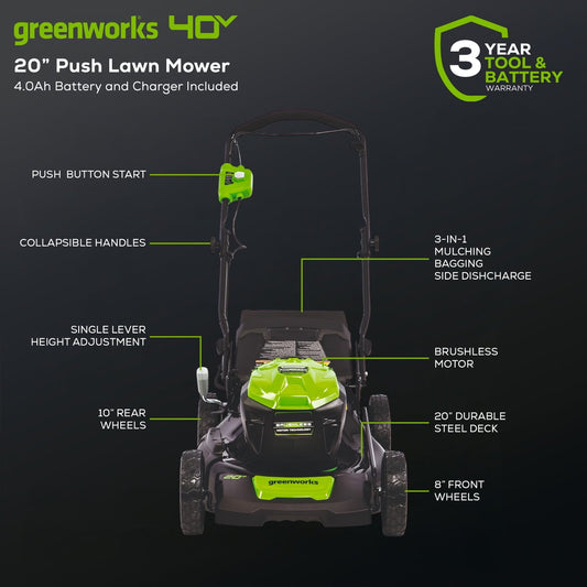 Greenworks 40V 20" Brushless Cordless Push Lawn Mower, 4.0 AH Battery and Charger Included [75+ Compatible Tools]