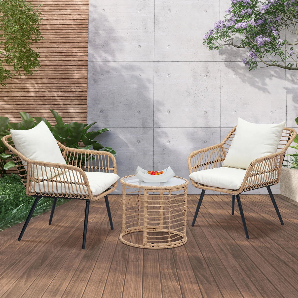 2026 NewAinfox 3-Piece Steel Outdoor Bistro Sets with Metal Chairs and Glass Top Table, Beige