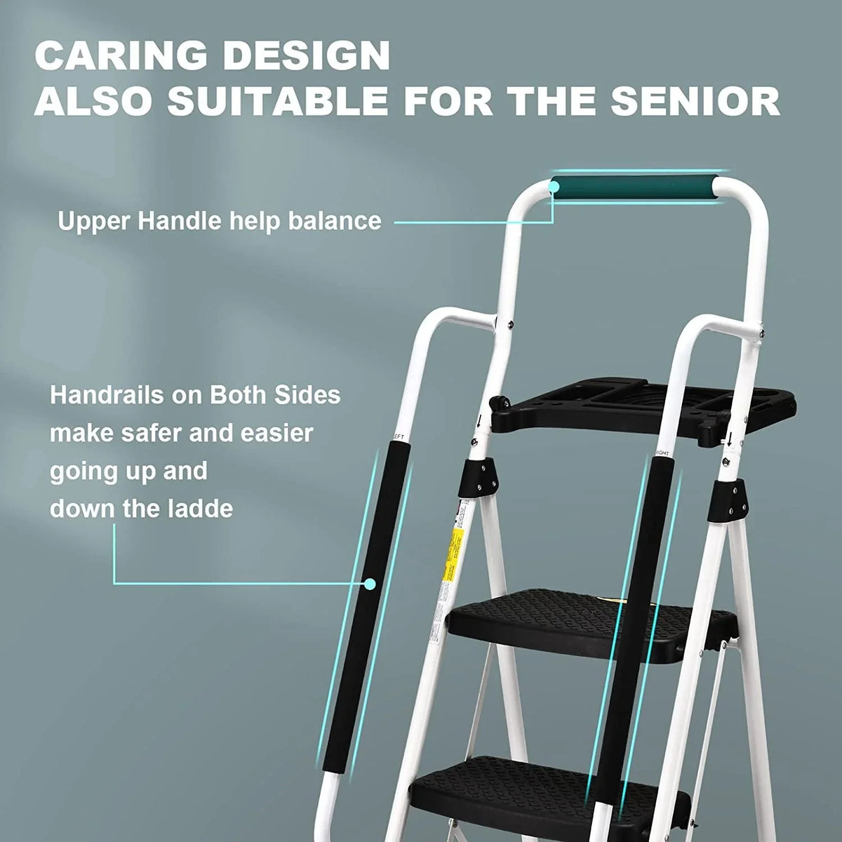 2026 NewHBTower Folding 5-Step Ladder, 330lbs, with Handrails and Tool Tray and Anti-Slip Pedal, White