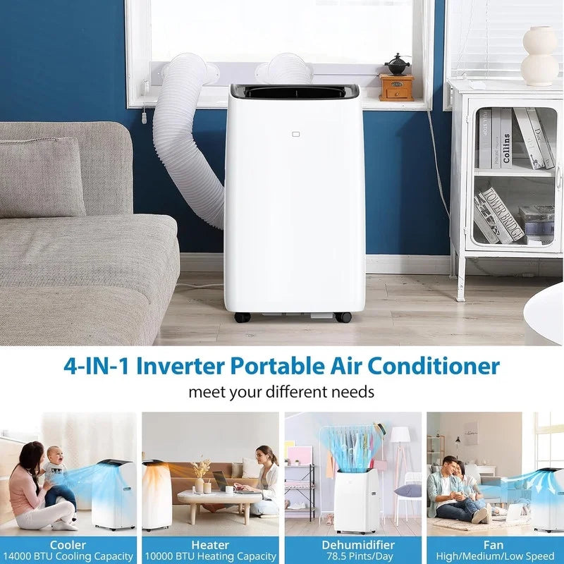 2026 NewPortable Air Conditioners, 14000 BTU Air Conditioner for Rooms Up to 750 Sq.Ft, AC Unit with Heat, Sleep Mode, Dehumidifier, Fan, Remote Control, 24H Timer, Easy Setup for Bedrooms, Black Top