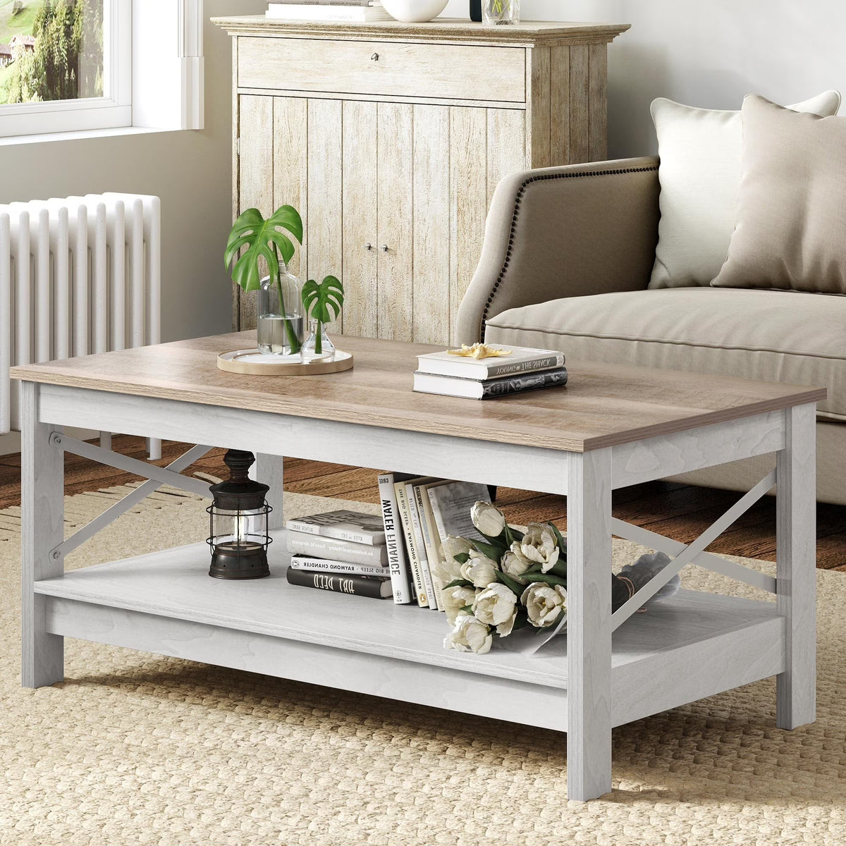 2026 NewMoasis Farmhouse Coffee Table with Storage 2-Tier Center Table for Living Room Grey Wash Top+White