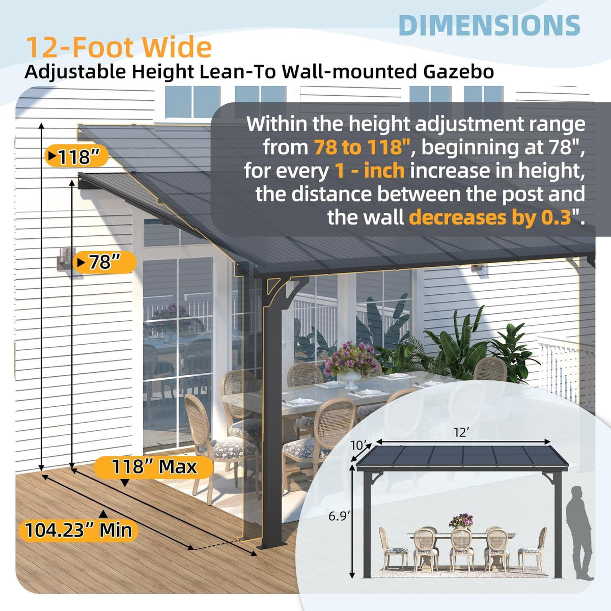 AECOJOY 10' x 12' Wall-Mounted Hardtop Gazebo Outdoor Aluminum Pergola with Adjustable Height for Garden, Patio, Backyard-Gray