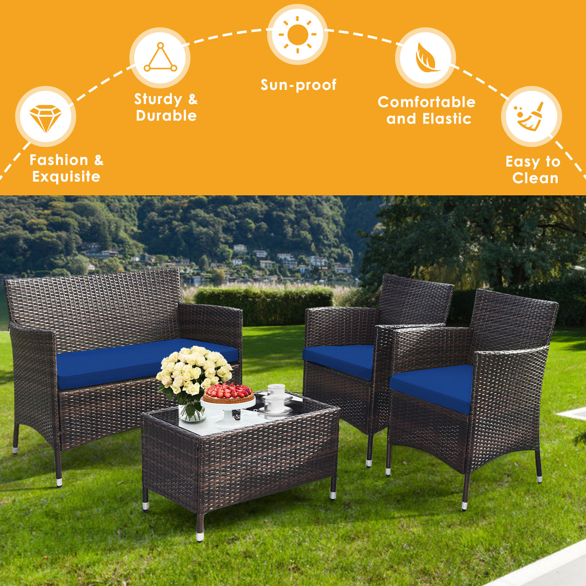 Patiojoy 4-Piece Patio Rattan Wicker Furniture Set Sofa Chair Table Set w/ Navy Cushions