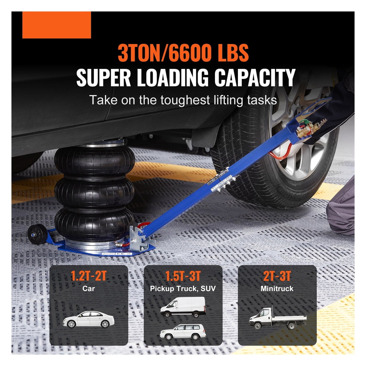Pneumatic Jack 3 Ton/5 Ton Triple Bag Air Jack Quick Lift Heavy Duty Car Repair Jacks Folding Rod Jacks With Two Wheels ,Easy to Use