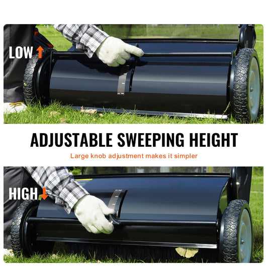 VEVOR Push Lawn Sweeper, 26-inch Leaf & Grass Collector, Strong Rubber Wheels & Heavy Duty Thickened Steel, Durable to Use with Large Capacity 7 cu. ft. Mesh Collection Hopper Bag, 4 Spinning Brushes