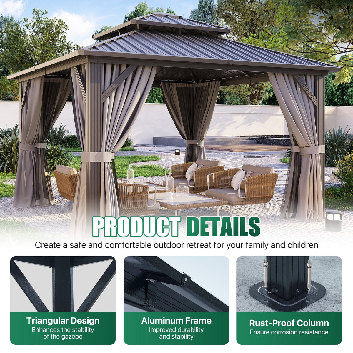 Clouddwell 12' x 16' Gazebo for Patio, Gazebo Pergola with Sloped Roof, Large Wall-Mounted Heavy Duty Awnings, for Deck, Patio and Backyard,Grey