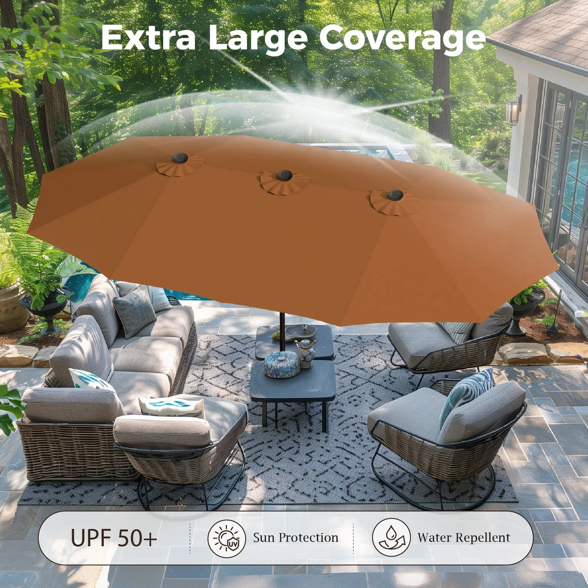 2026 NewAlpha Joy 15ft Outdoor Patio Umbrella Extra-Large Double-Sided Garden Umbrella with Crank Handle and Base - Smoky Gray