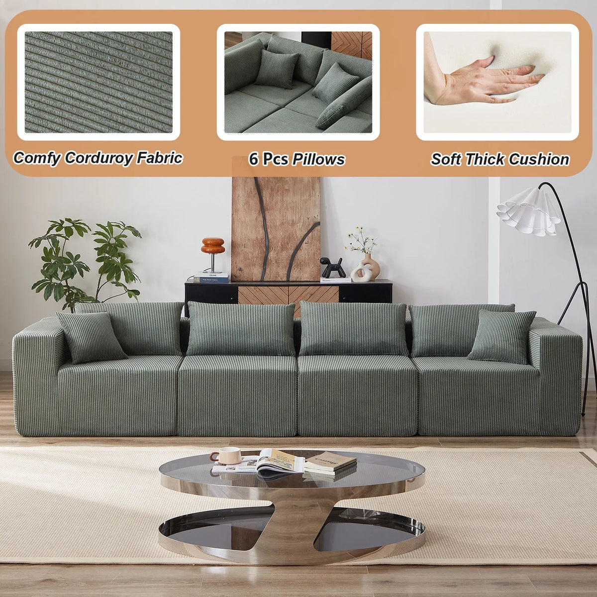 2026 New104-Inch Corduroy Modular L Shaped Sectional Sofa,Luxury Floor Couch Set,Upholstered Indoor Furniture,Foam-Filled Compressed Sofa for Living Room,Bedroom,4 PC Free Combination