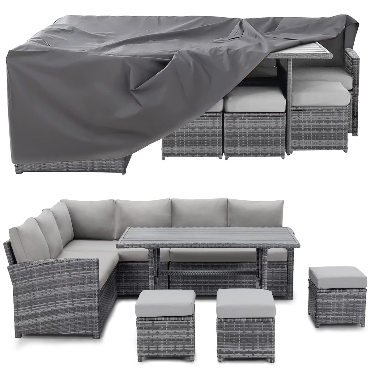 2026 NewAECOJOY 7 Piece Patio Furniture Set PE Rattan Outdoor Dining Set Sectional Sofa Couch with Table Patio Conversation Set in Gray