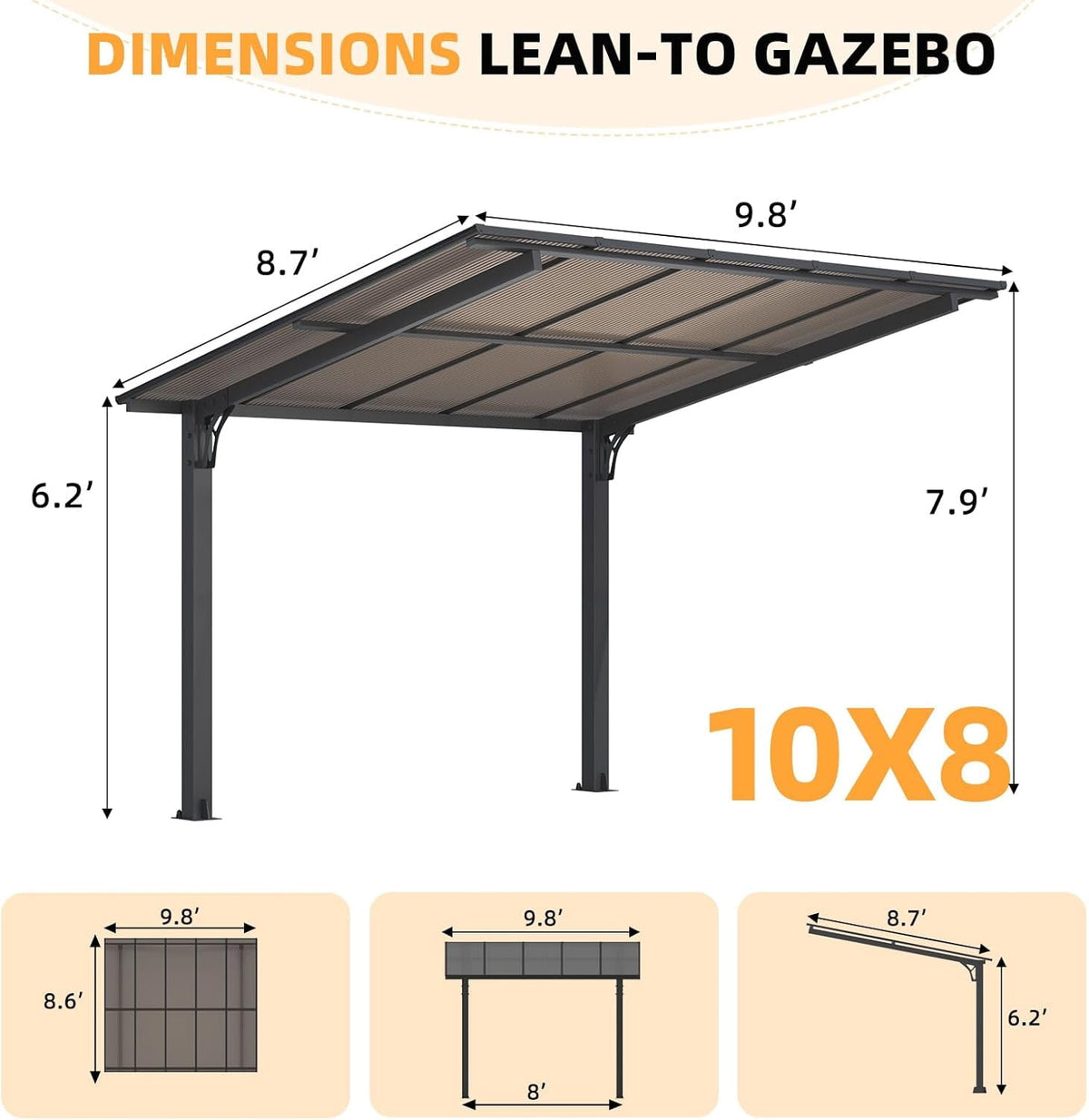 AECOJOY 10'x8' Gazebo, Outdoor Wall Mounted Hardtop Gazebo & Pergola with Aluminum Frame for Patio, Porch and Backyard in Black
