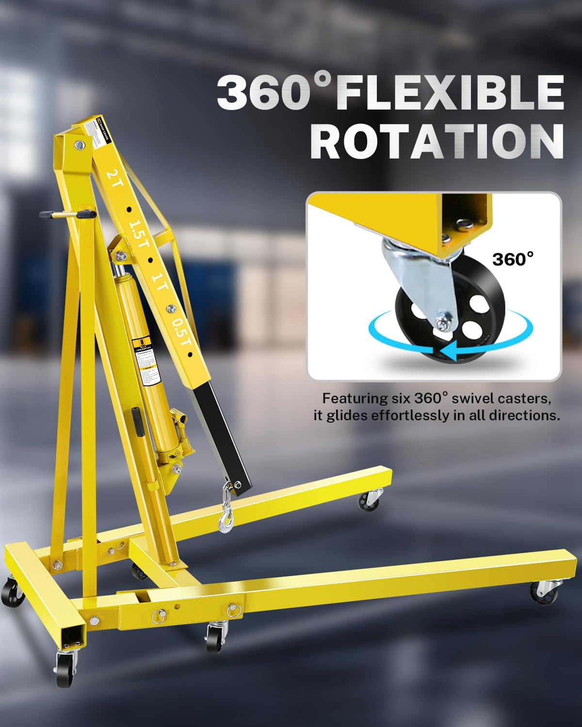 2-Ton Folding Hydraulic Engine Hoist with Lever & Telescopic Boom, 4400 Lbs Capacity with 6 Steel Casters for Car Truck Boat Motors