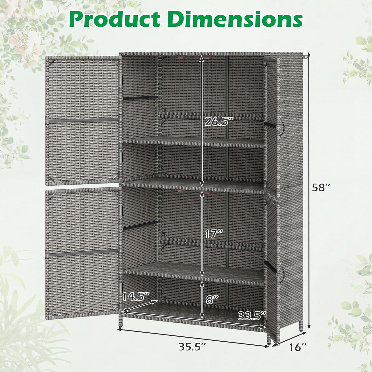 Costway Outdoor Storage Cabinet with Adjustable Shelves & Anti-Toppling Device for Garden Mix Gray