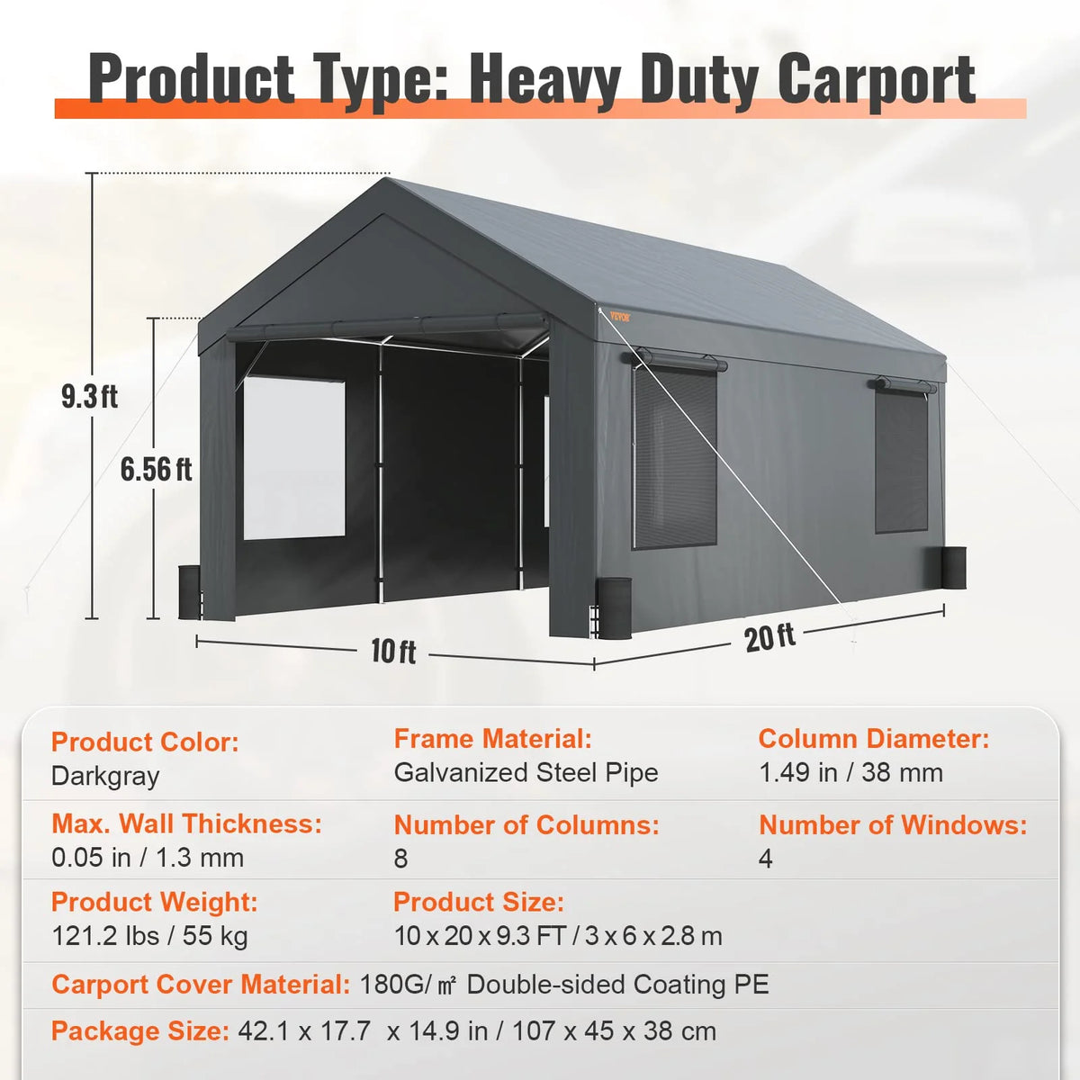 VEVOR Carport 10x20ft, Car Canopy Portable Garage